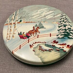 Vintage Cookie Tin by OLIVE Can Chicago with Winter Scenery Horse Drawn Sleigh